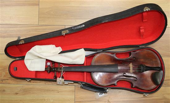 A 19th century violin, with single piece back, stamped Aubert to the bridge, L 365cm (body)